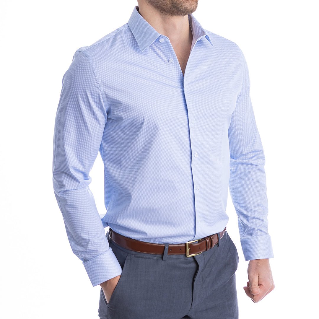 Blue Diamond dress shirt styled without a tie sharp open collar with built-in support for a modern business casual look.