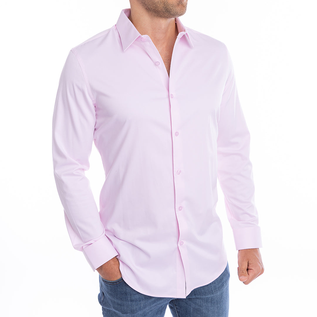 Comparison of goTIELESS light pink shirt with structured collar vs traditional floppy collar shirt.