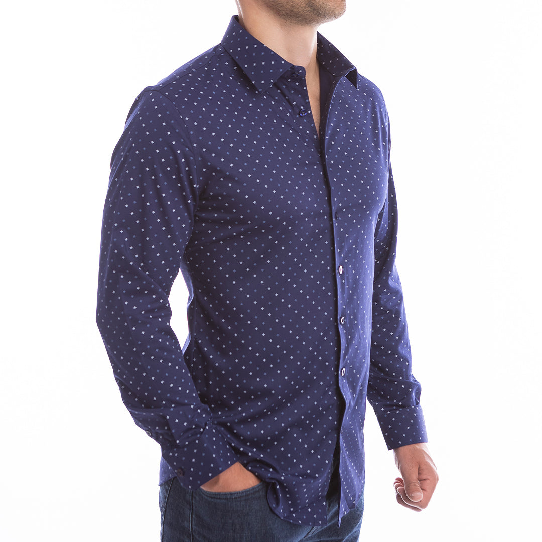 Comparison of goTIELESS structured navy floral shirt vs floppy collar alternative.