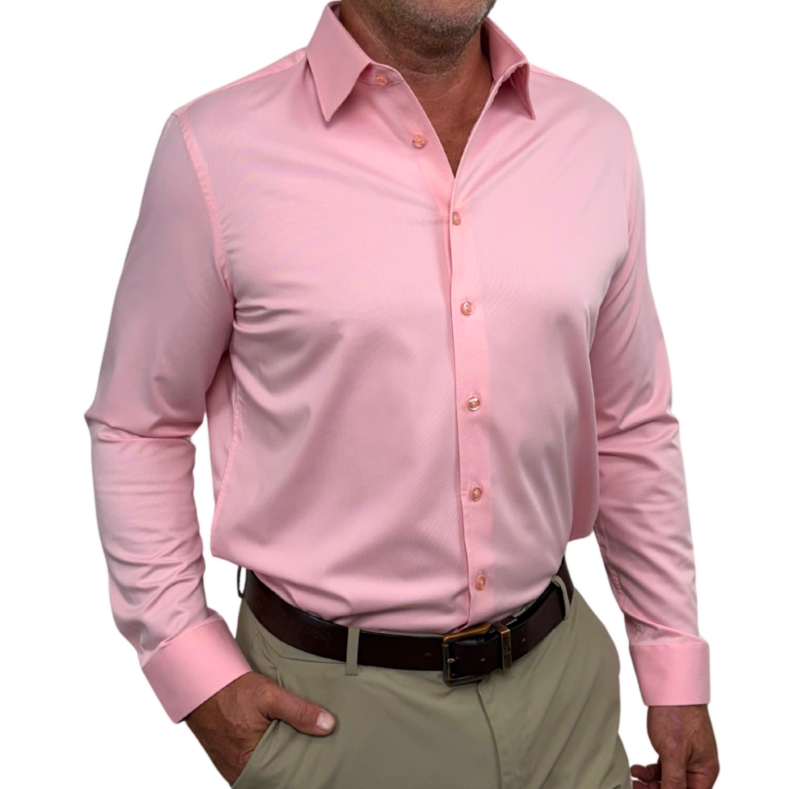 Men’s coral dress shirt in slim fit with reinforced placket, designed for a polished open-collar look.