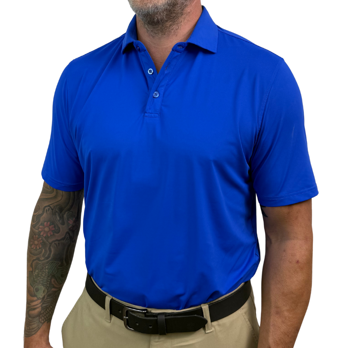 Men’s cobalt blue polo shirt with structured placket and collar stays
