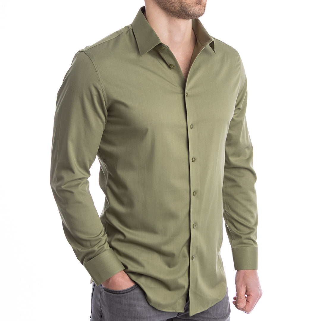 Army green dress shirt for men with structured collar no tie needed, no starch required.