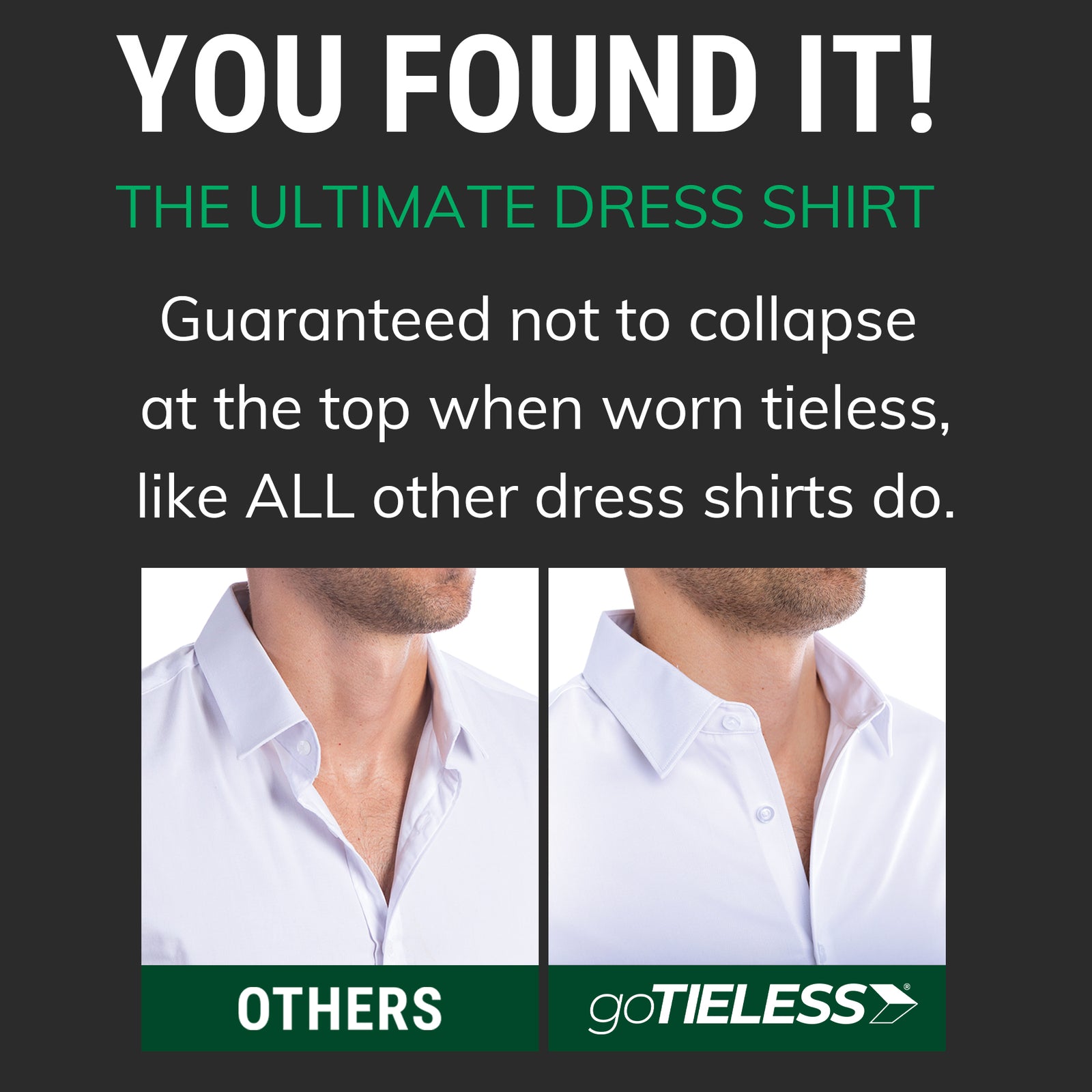 Before and after comparison of a traditional floppy dress shirt collar versus goTIELESS shirt with built-in Million Dollar Collar support.