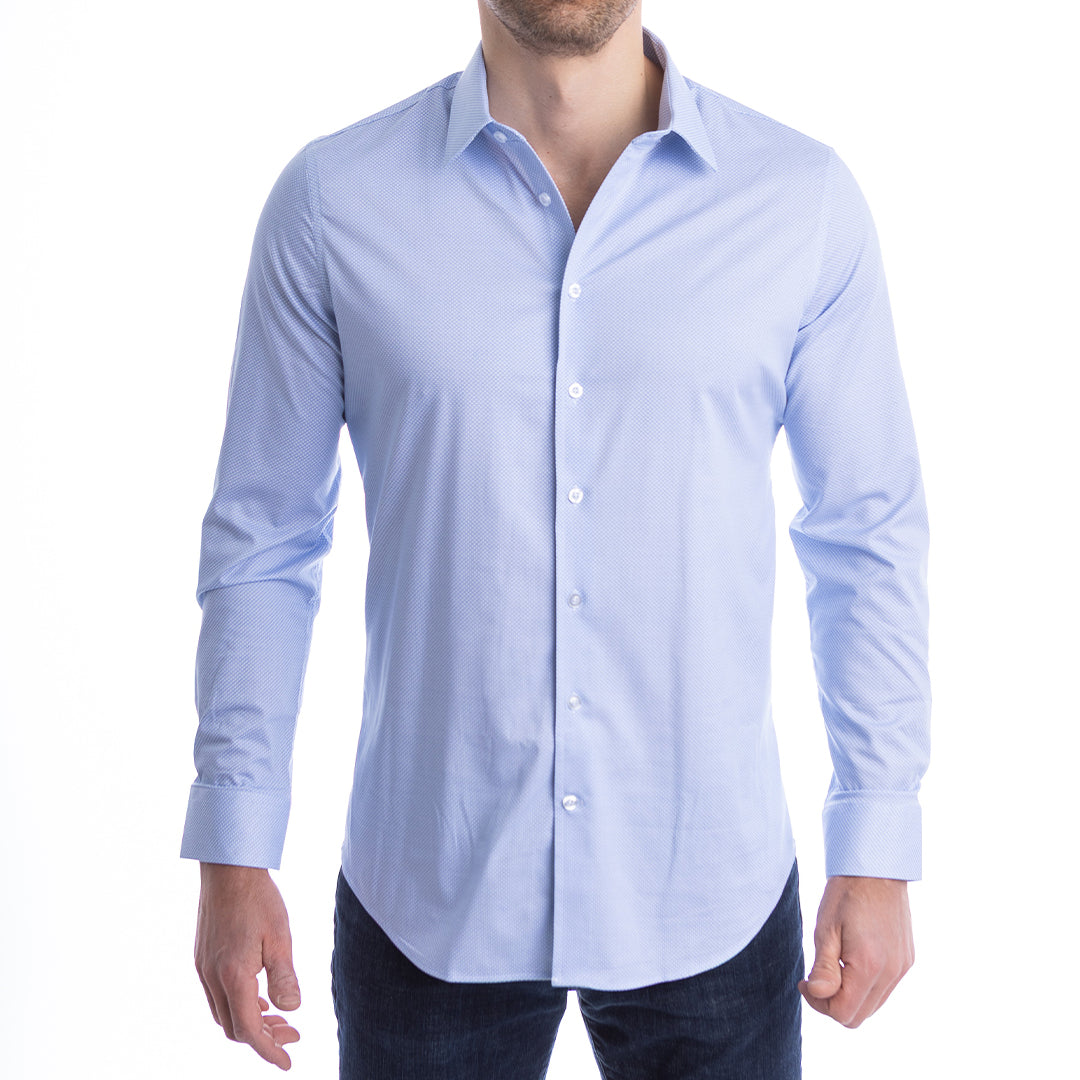 The best men’s blue dress shirt with permanent collar support wrinkle-resistant, no tie or starch required.