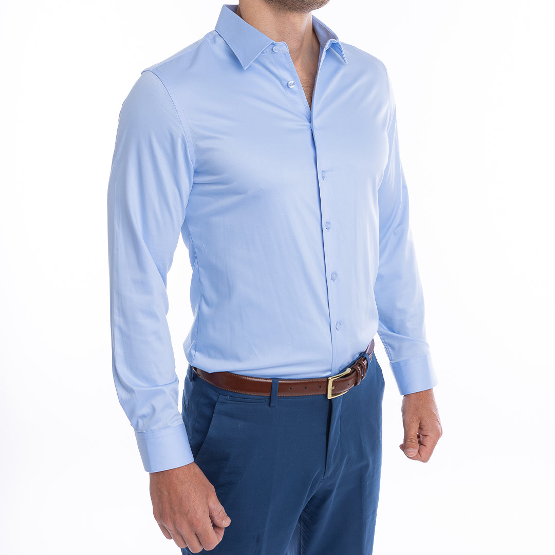 Best light blue shirt for men built-in collar support keeps it sharp without starch or ironing.