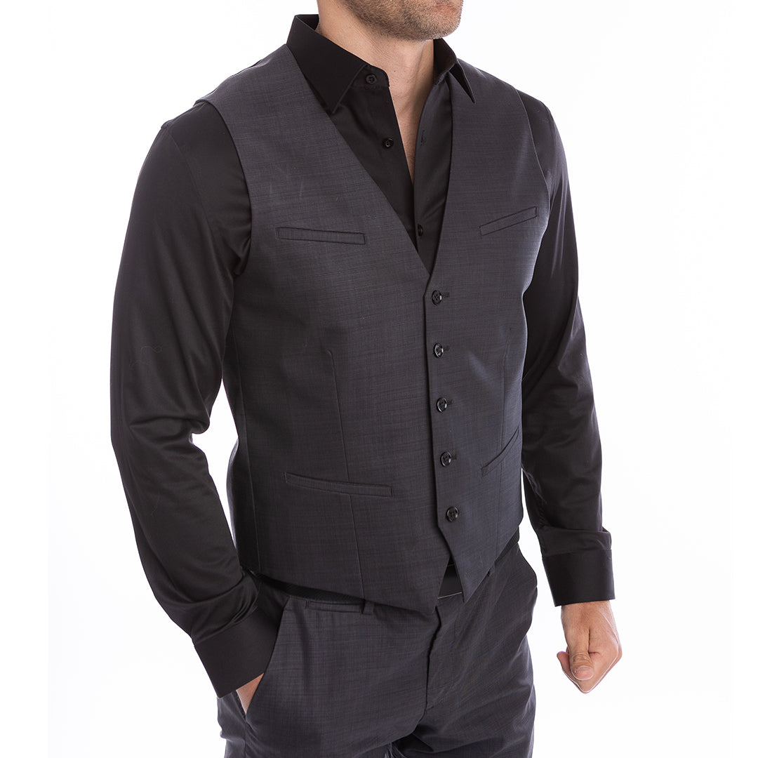 Black button-up shirt with placket stay collar doesn’t collapse or fold under pressure.