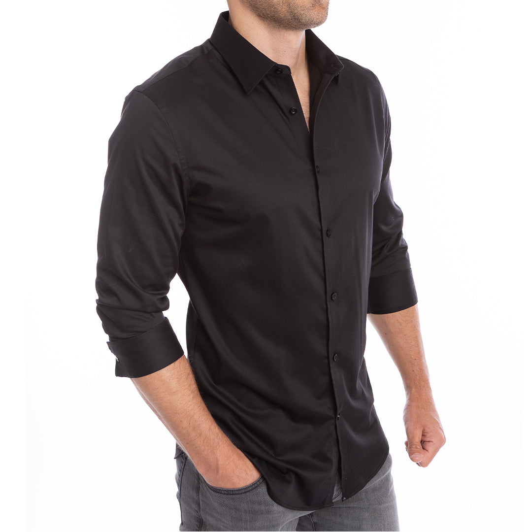 Black dress shirt styled for night out no tie needed, collar stays sharp all night.
