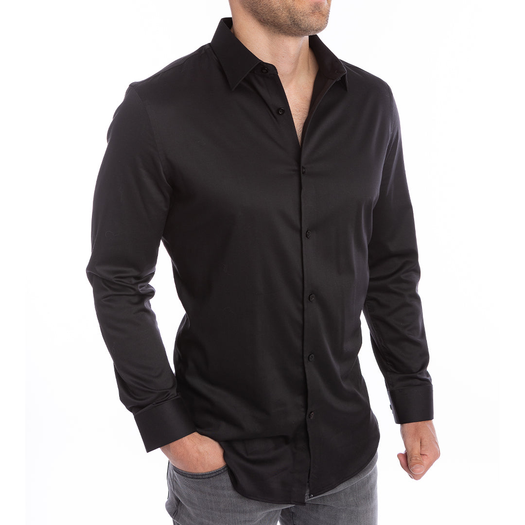Black dress shirt for men worn without a tie structured collar stays crisp with built-in support.