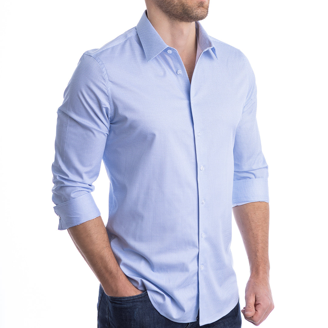Stylish blue shirt paired with jeans for a laid-back business casual outfit that still looks put together.