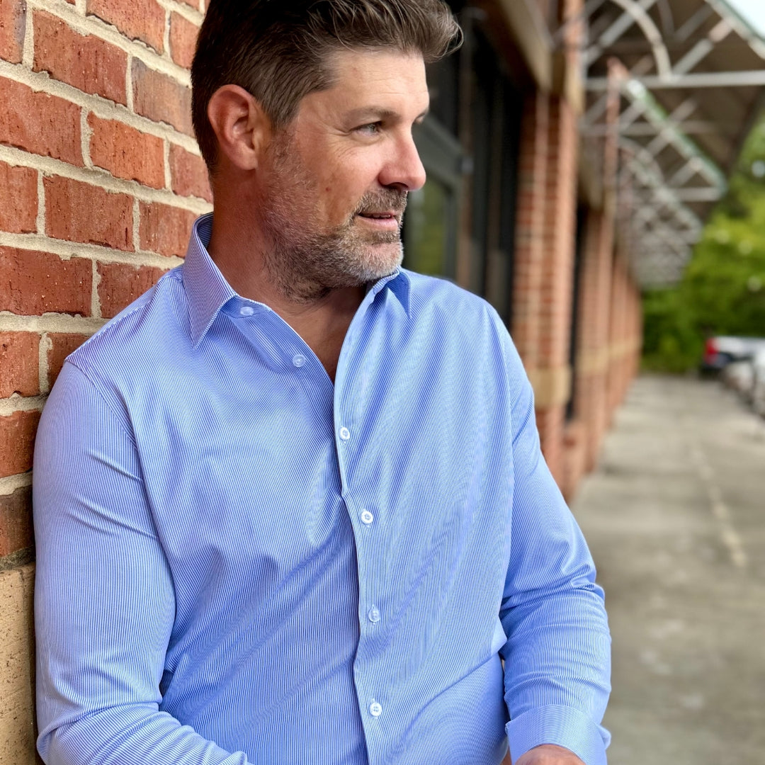 ravel-ready look with wrinkle-resistant fabric, open collar, confident casual look by goTIELESS