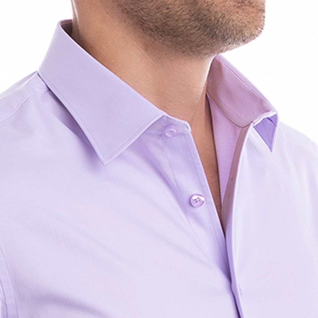 Bold lavender shirt for men with hidden collar support crisp open collar, no starch or flopping.