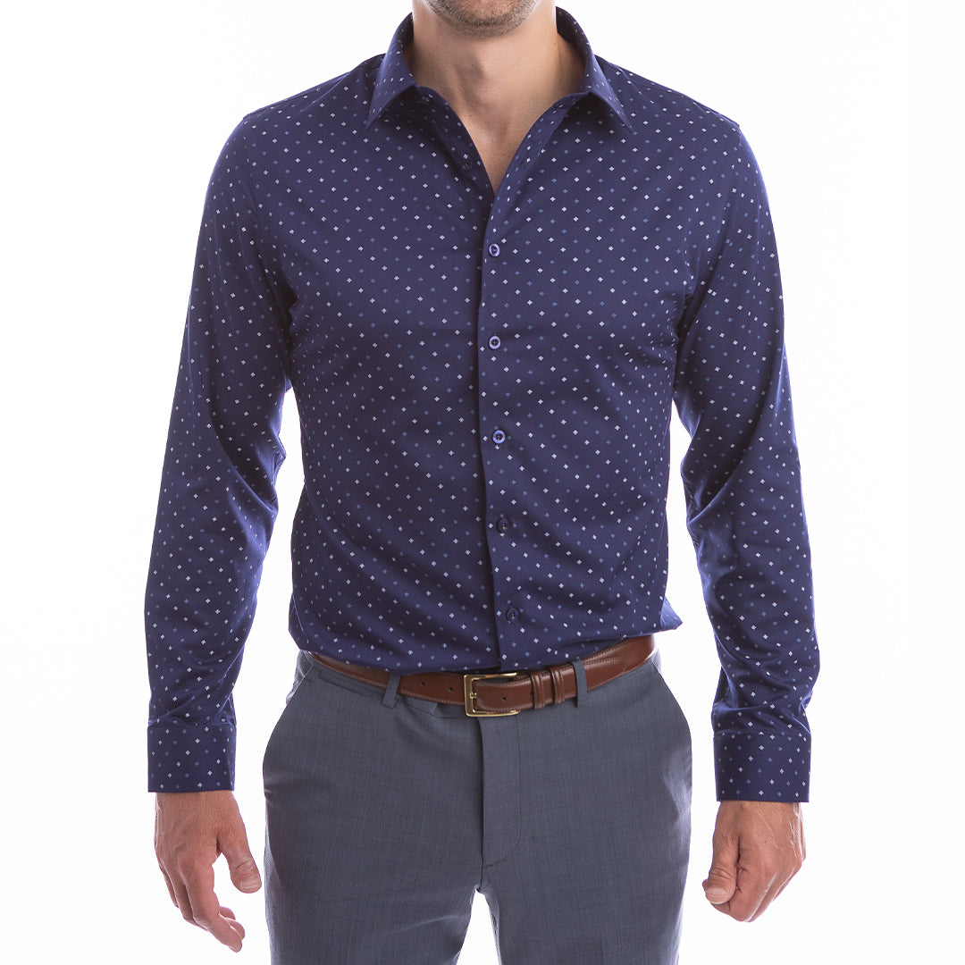 Business casual navy shirt with structured microprint perfect for work and weekends.