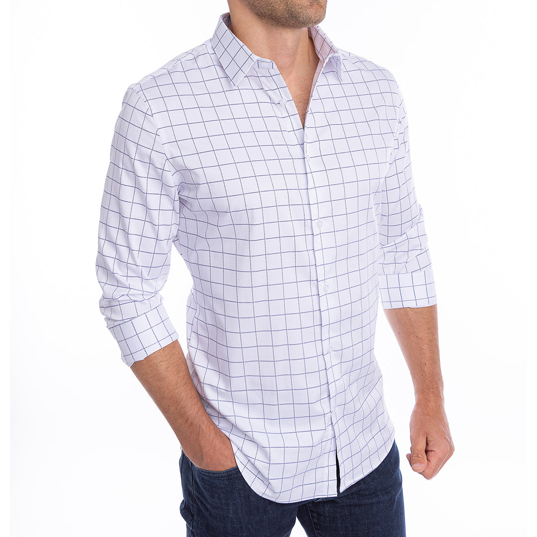 Check pattern dress shirt with crisp open collar built to hold its shape all day.