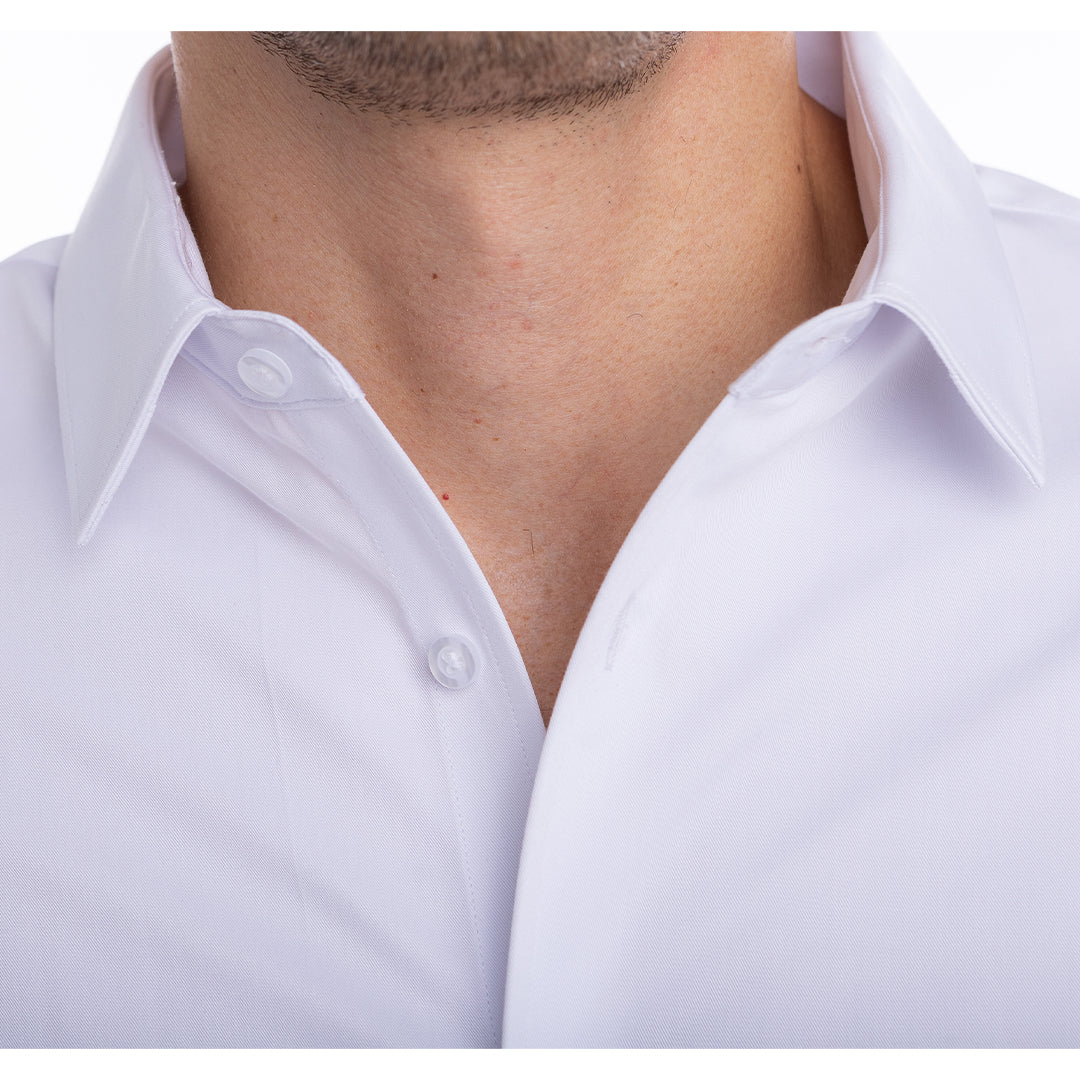 Clean and structured white shirt for job interviews open collar look with built-in support and wrinkle resistance.