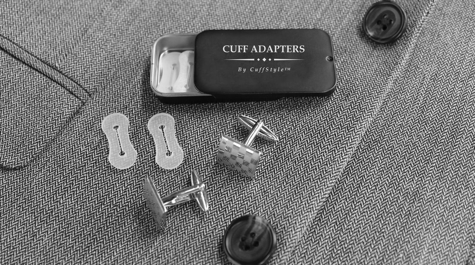 Cuff adapter kit that lets you wear cufflinks with any standard dress shirt, no French cuff required