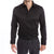 Slim fit black dress shirt for men worn open with structured placket support for tie-free confidence.