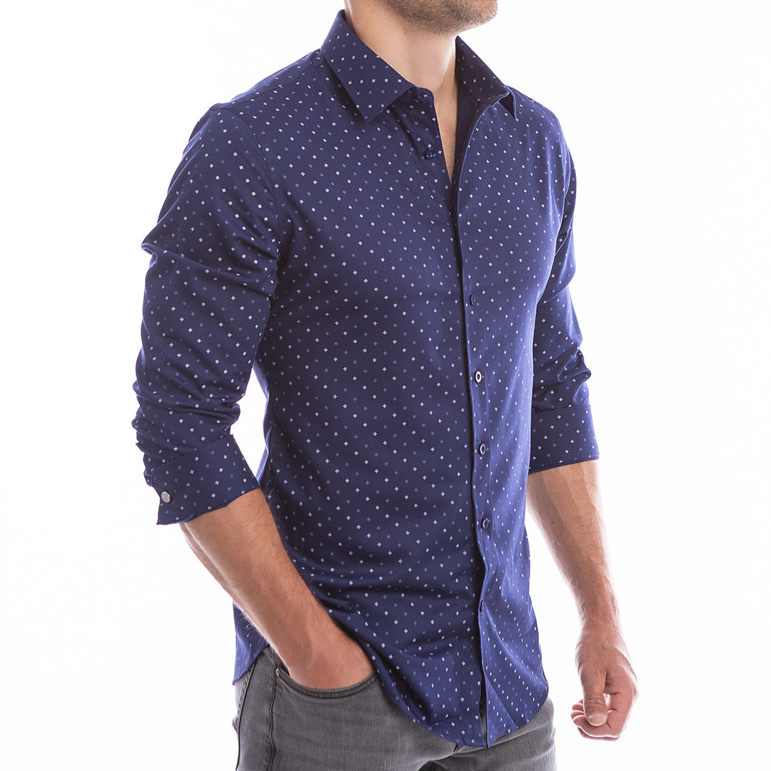 Navy geometric print shirt with hidden collar support open collar stays crisp all day.