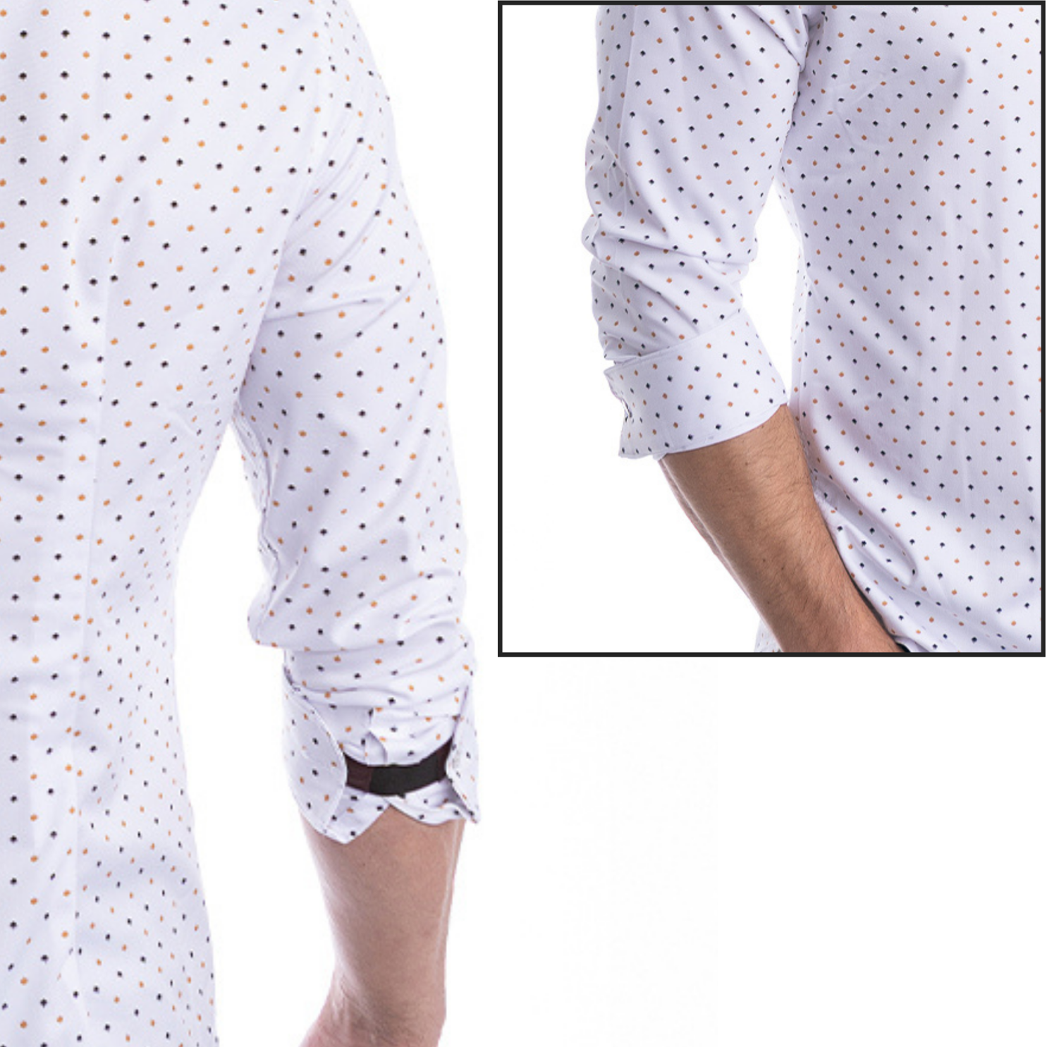 Man wearing a dress shirt with Flex Cuffs FLXCUF® sleeve band keeping rolled sleeves in place, preventing slipping.