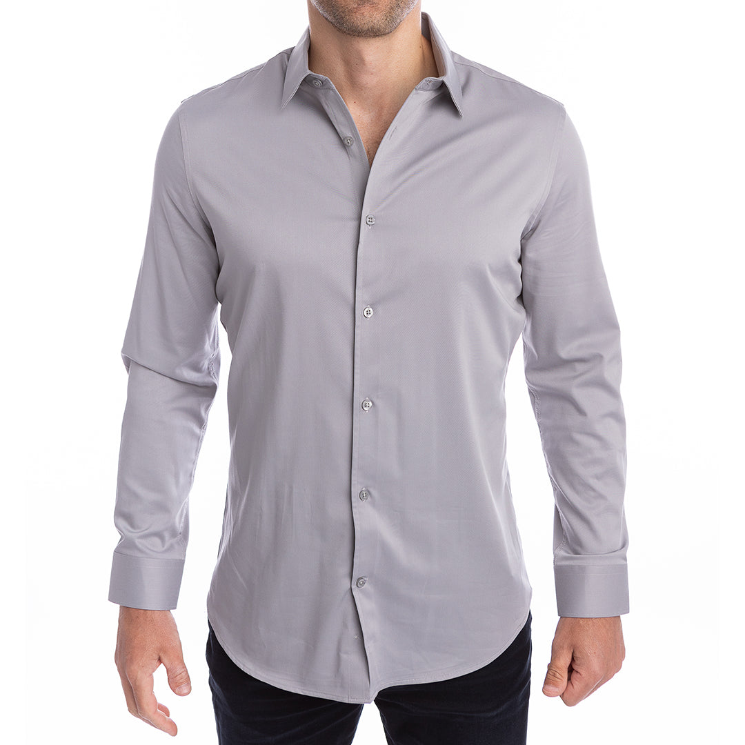 Business casual grey dress shirt for men no tie needed, collar won’t fold or sag.