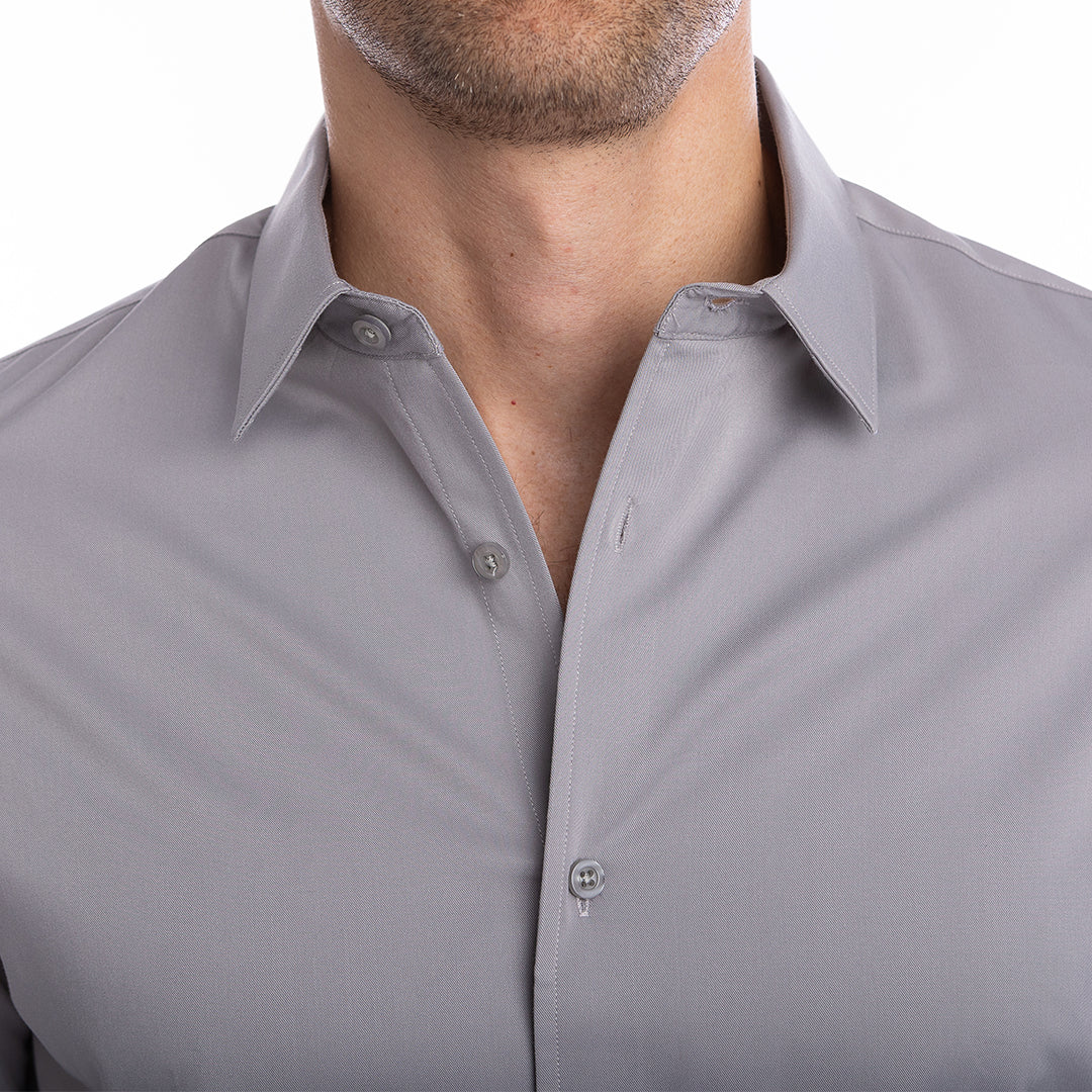 Light grey men’s shirt with wrinkle resistance and collar support zero flop, zero starch.