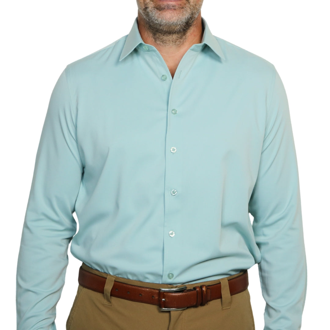 Mint green button-up shirt for travel and vacation, movement-ready and crisp collar by goTIELESS