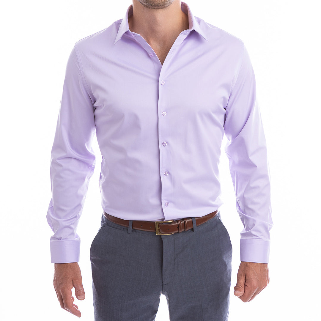 Slim fit lavender shirt that stays sharp without starch wrinkle-resistant with breathable stretch fabric.