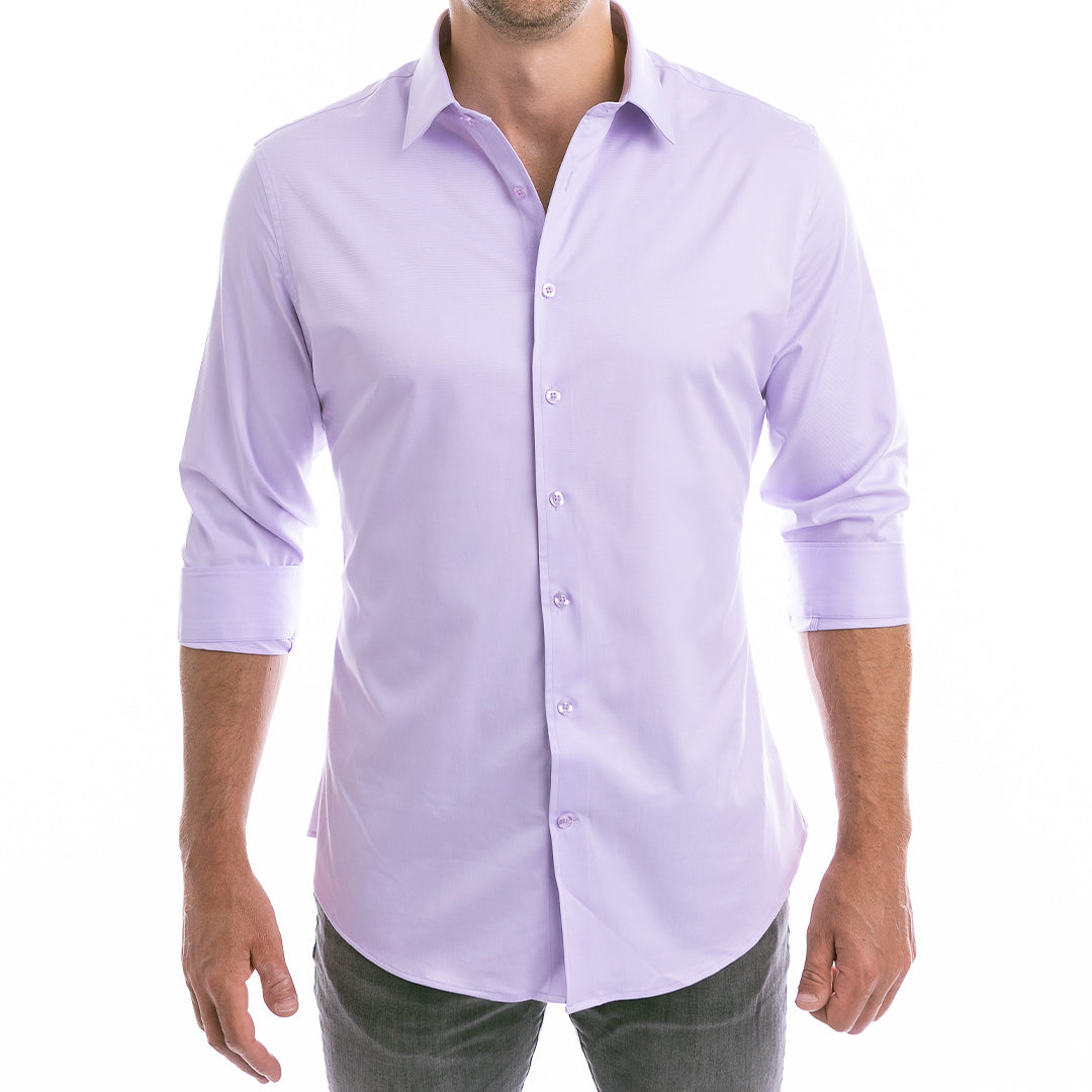 Side-by-side comparison of structured lavender shirt versus traditional floppy collar dress shirt.