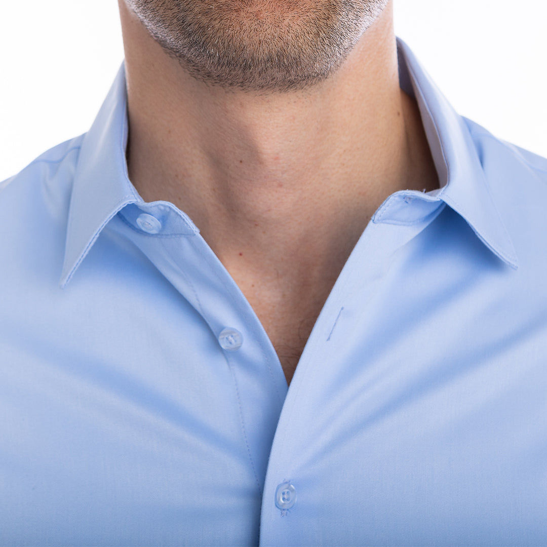 Structured light blue shirt that won’t fall or fold mid-day collar holds firm without effort.