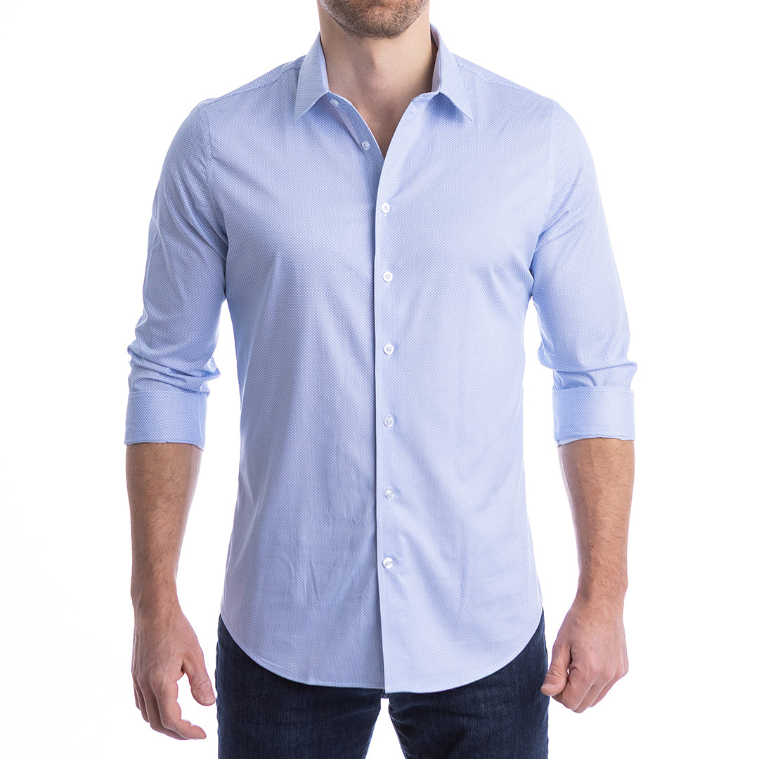 Light blue men’s dress shirt featuring hidden placket structure to prevent collar collapse and mid-day droop.