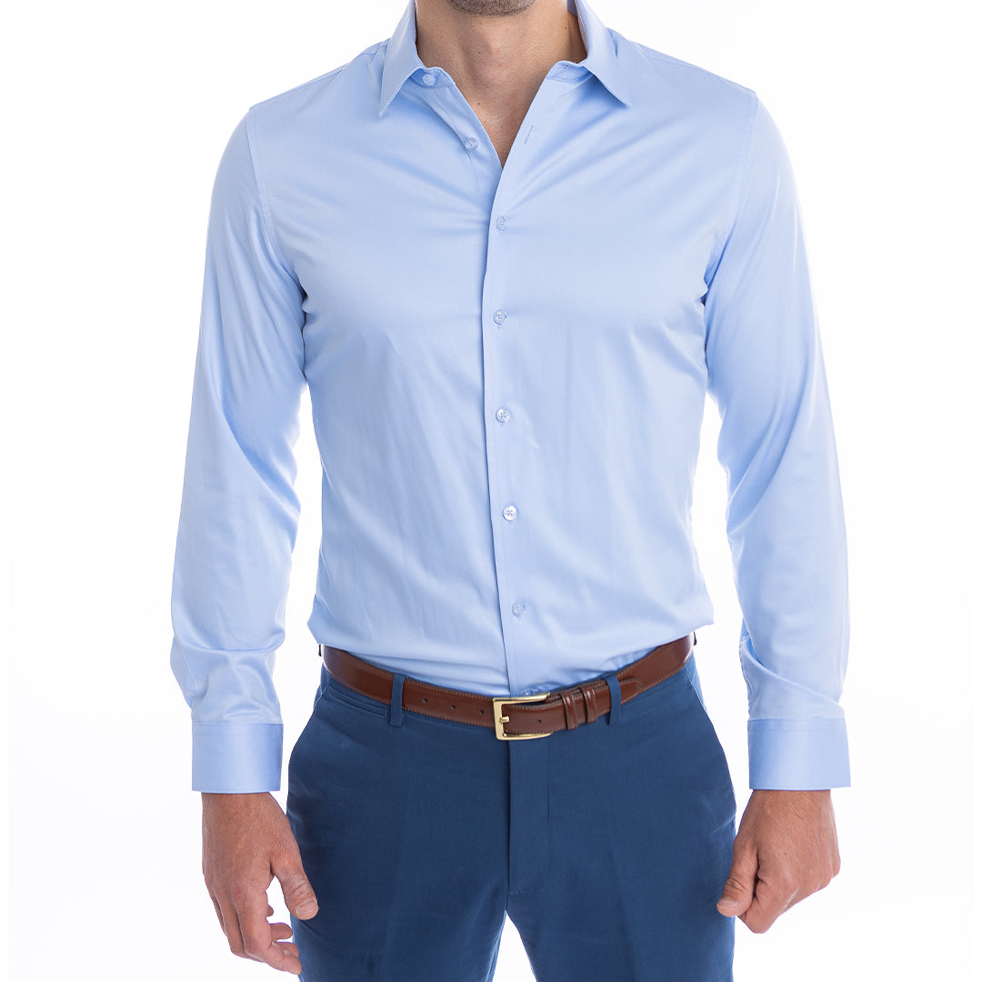 Light blue shirt with structured open collar stays upright without folding or sagging.