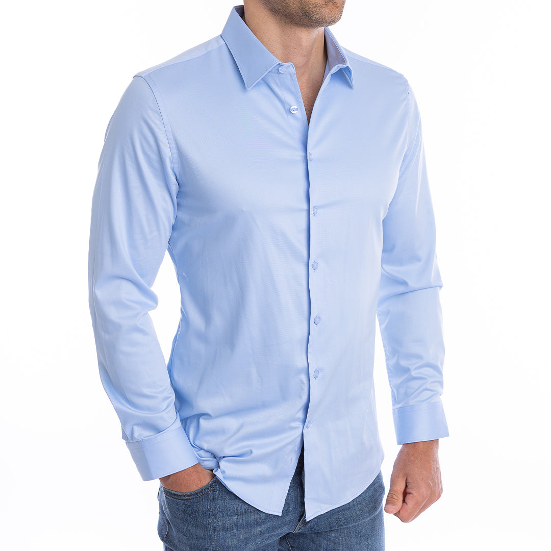 Light blue shirt shown tucked and untucked dressy casual look that works in any setting.
