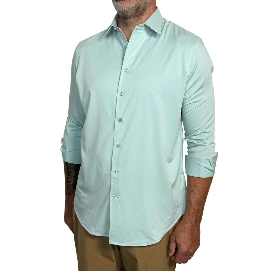 Versatile light green shirt for men, business casual during the day, elevated style at night
