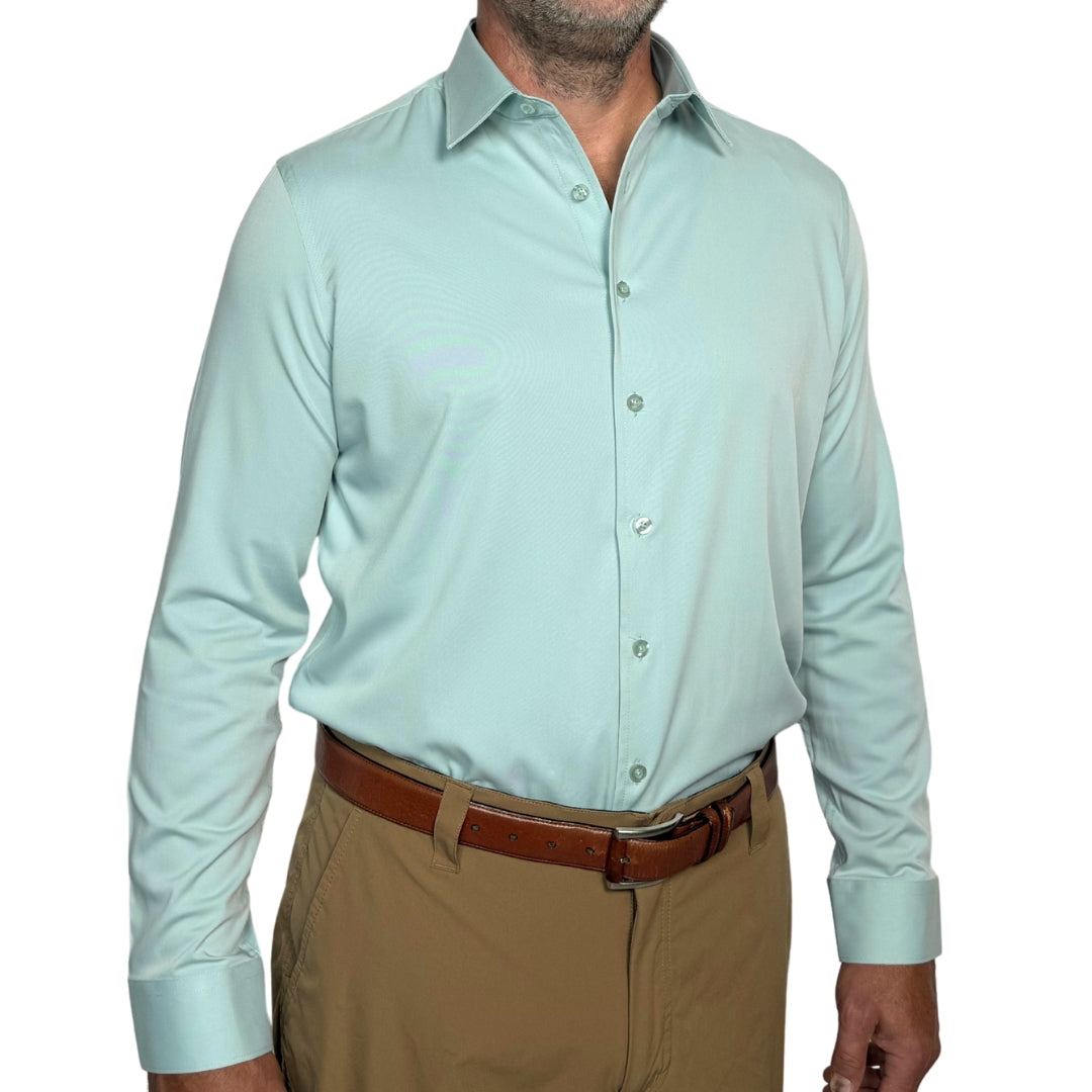 Light green dress shirt for men, sharp business casual look with stay-up collar by goTIELESS