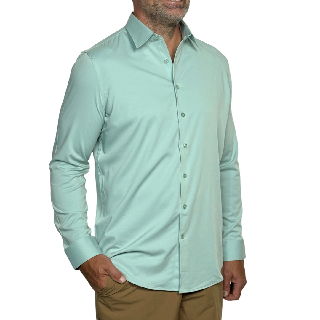 Best light green shirt for beach vacation or casual dinner, goTIELESS shirt with clean collar