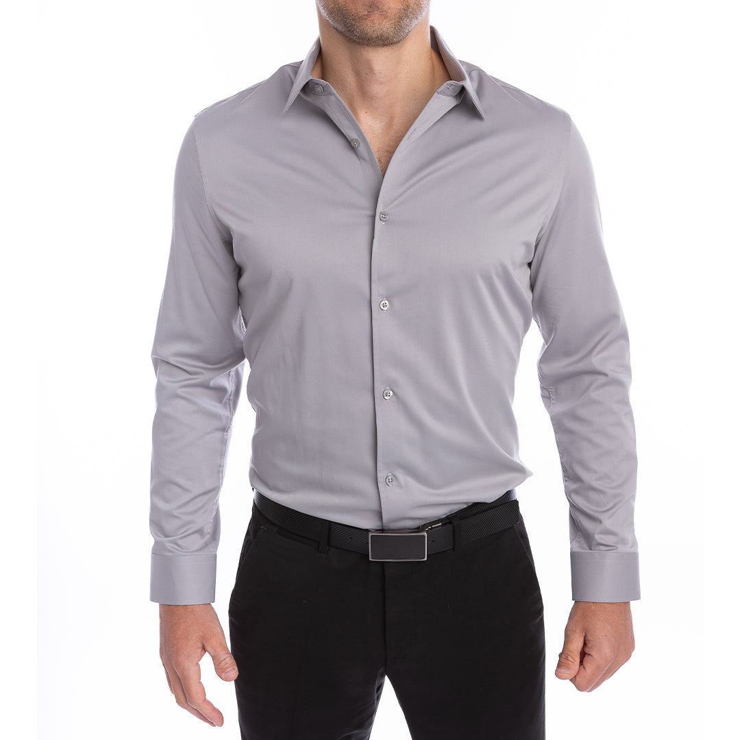 Light grey shirt with open collar style no starch or ironing required thanks to reinforced placket.