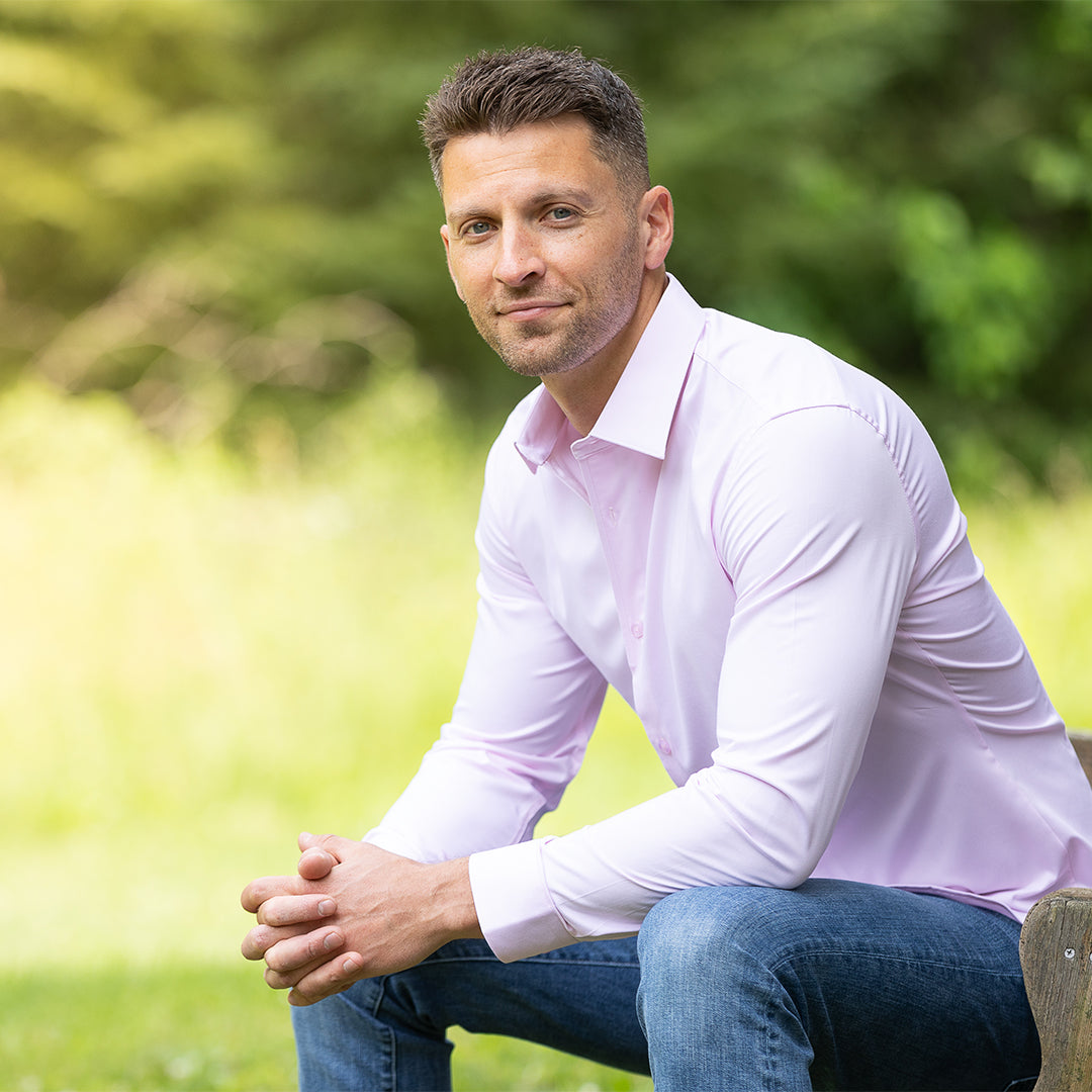 Light pink dress shirt with permanent collar structure no ironing or starch needed.