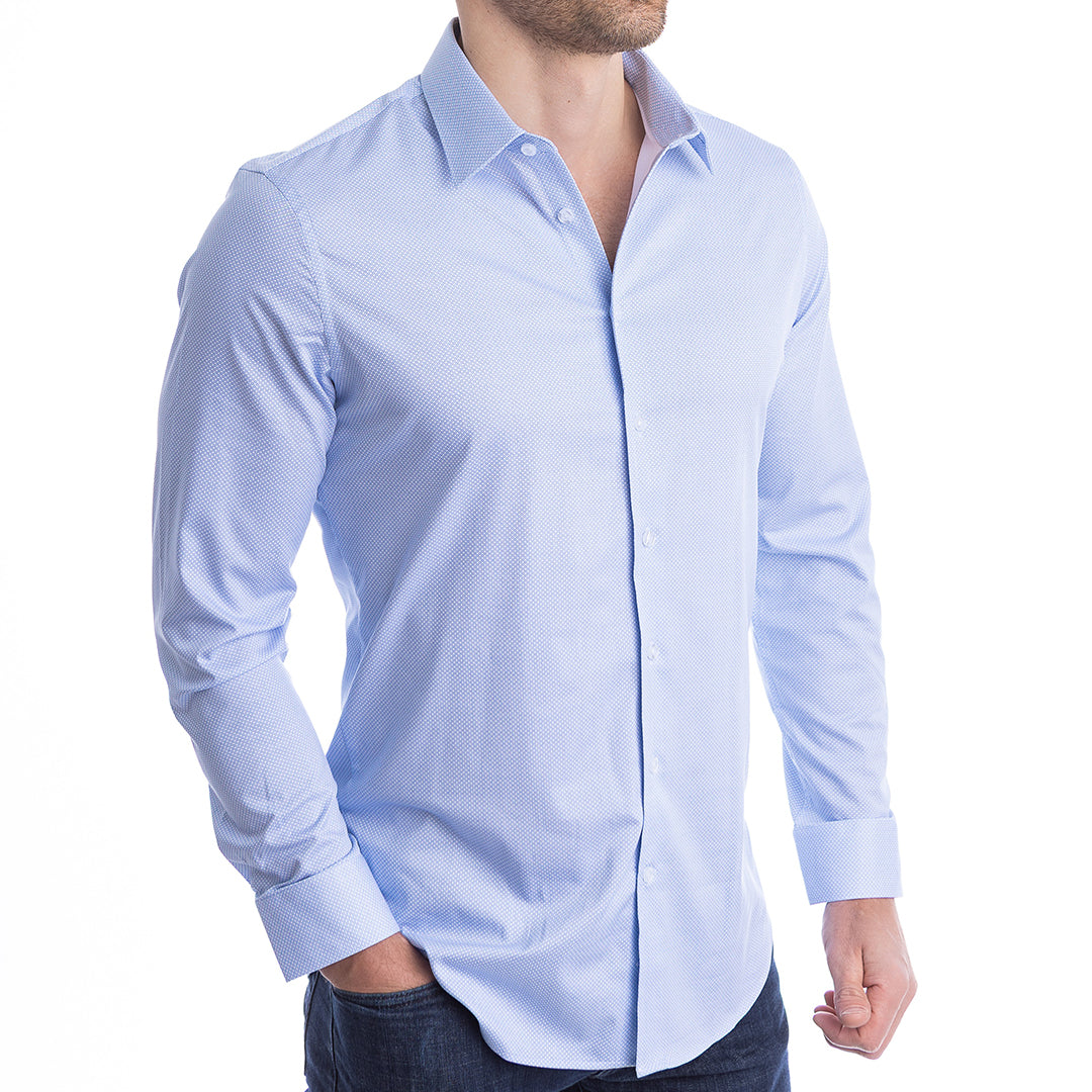 One versatile blue dress shirt styled for work, weddings, and date nights always sharp, never floppy.