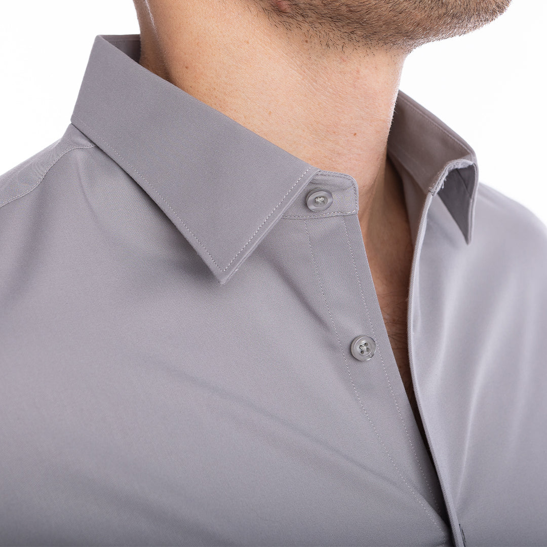 Modern fit grey dress shirt for men built-in structure keeps collar standing all day.
