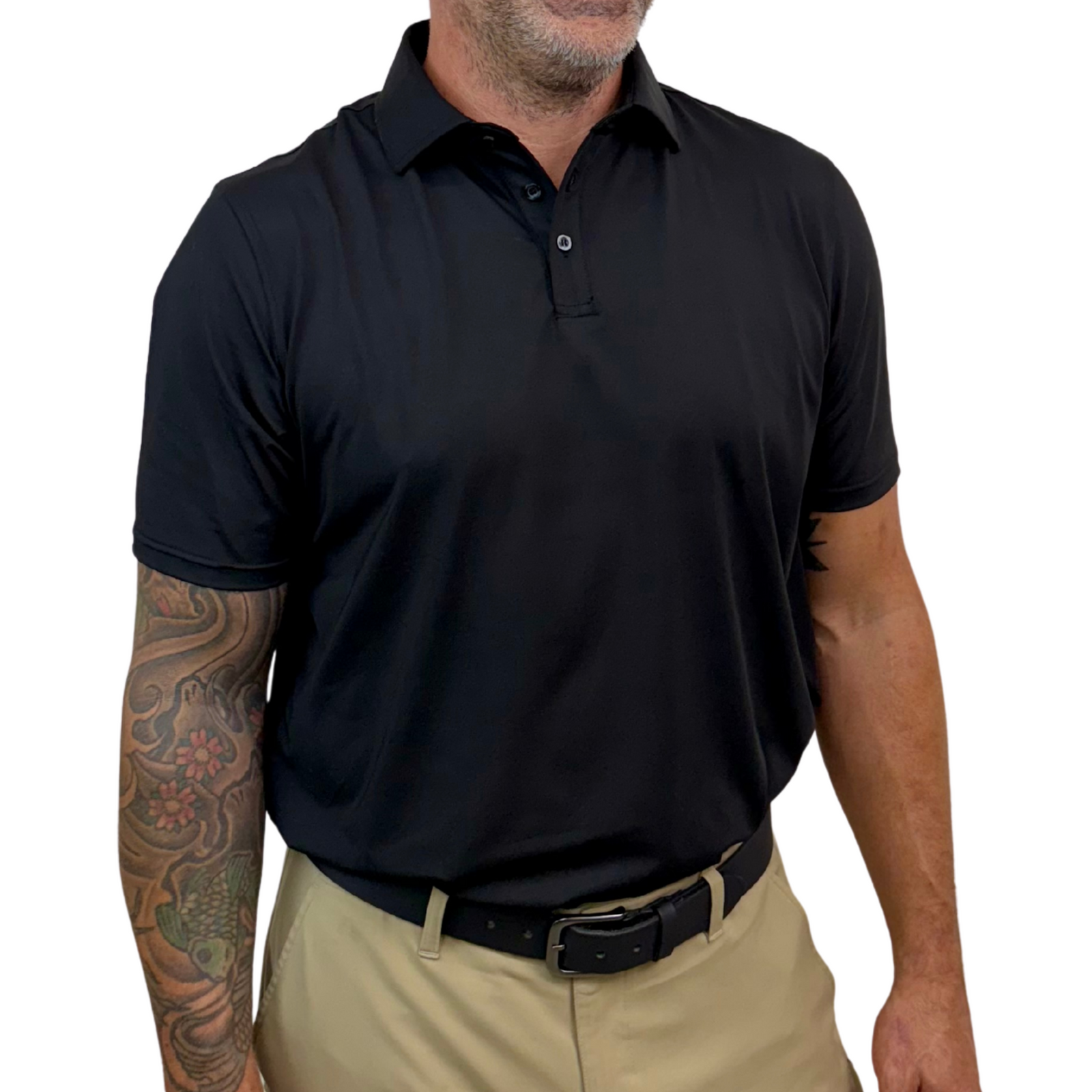 Men’s black performance polo shirt with dress-shirt structure