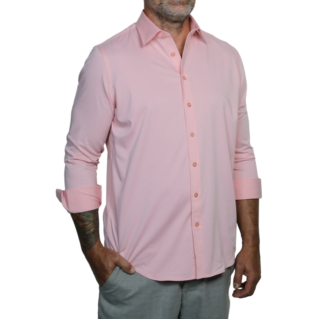 Men’s coral shirt with relaxed vacation vibe, inspired by the colors of the sunset