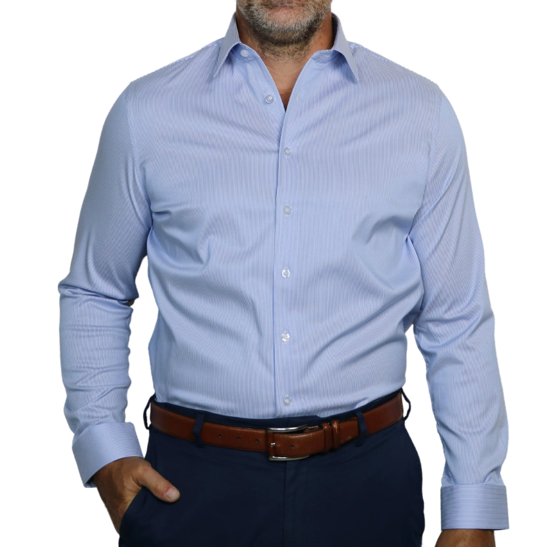 Men’s light blue striped shirt for office to weekend style, sharp fit with reinforced collar