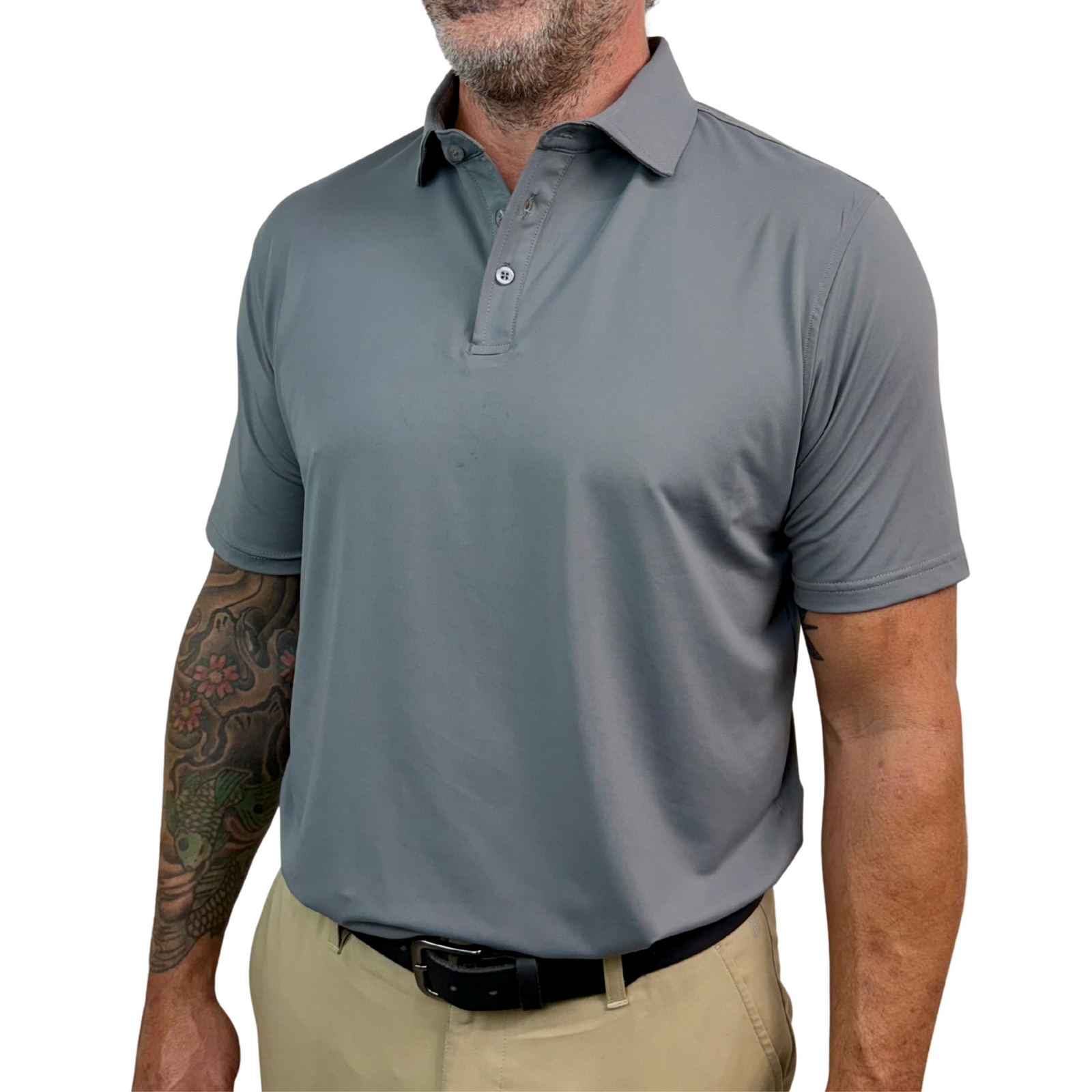 Men’s light grey polo shirt with sharp collar and stretch comfort