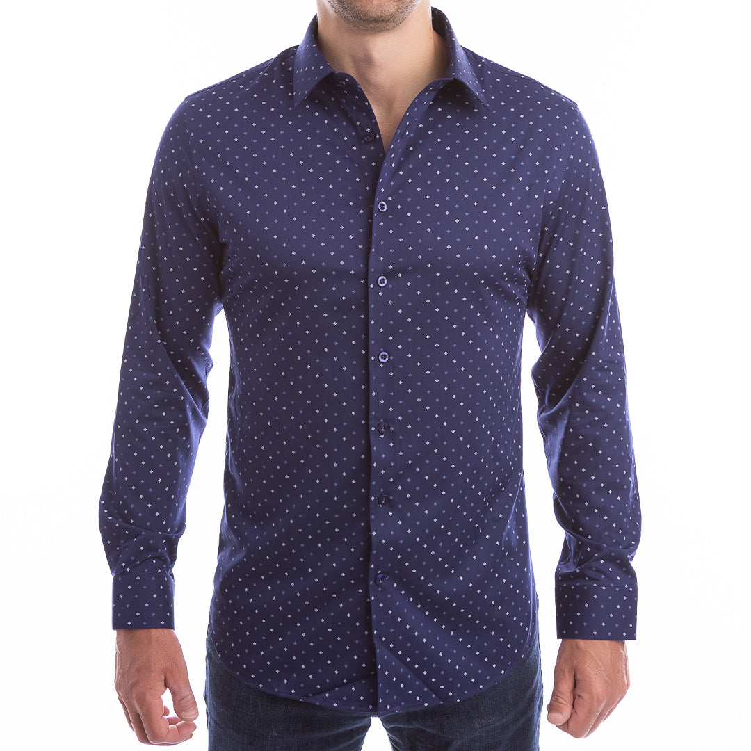 Navy shirt with micropattern collar won’t collapse, no tie required.