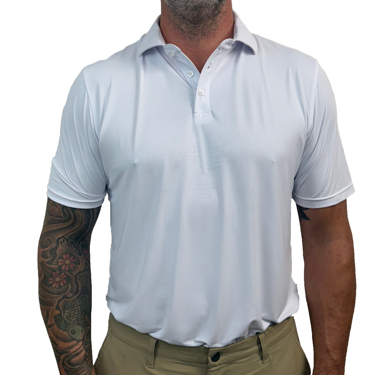 Men’s white polo shirt with lightweight wrinkle-free performance fabric