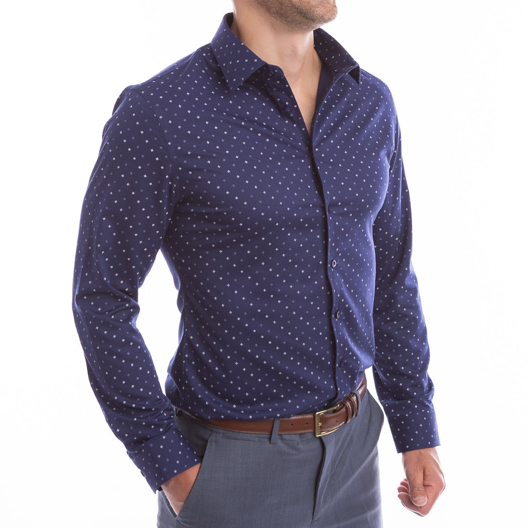 Navy shirt with floral microprint pattern no starch needed thanks to built-in placket stays.