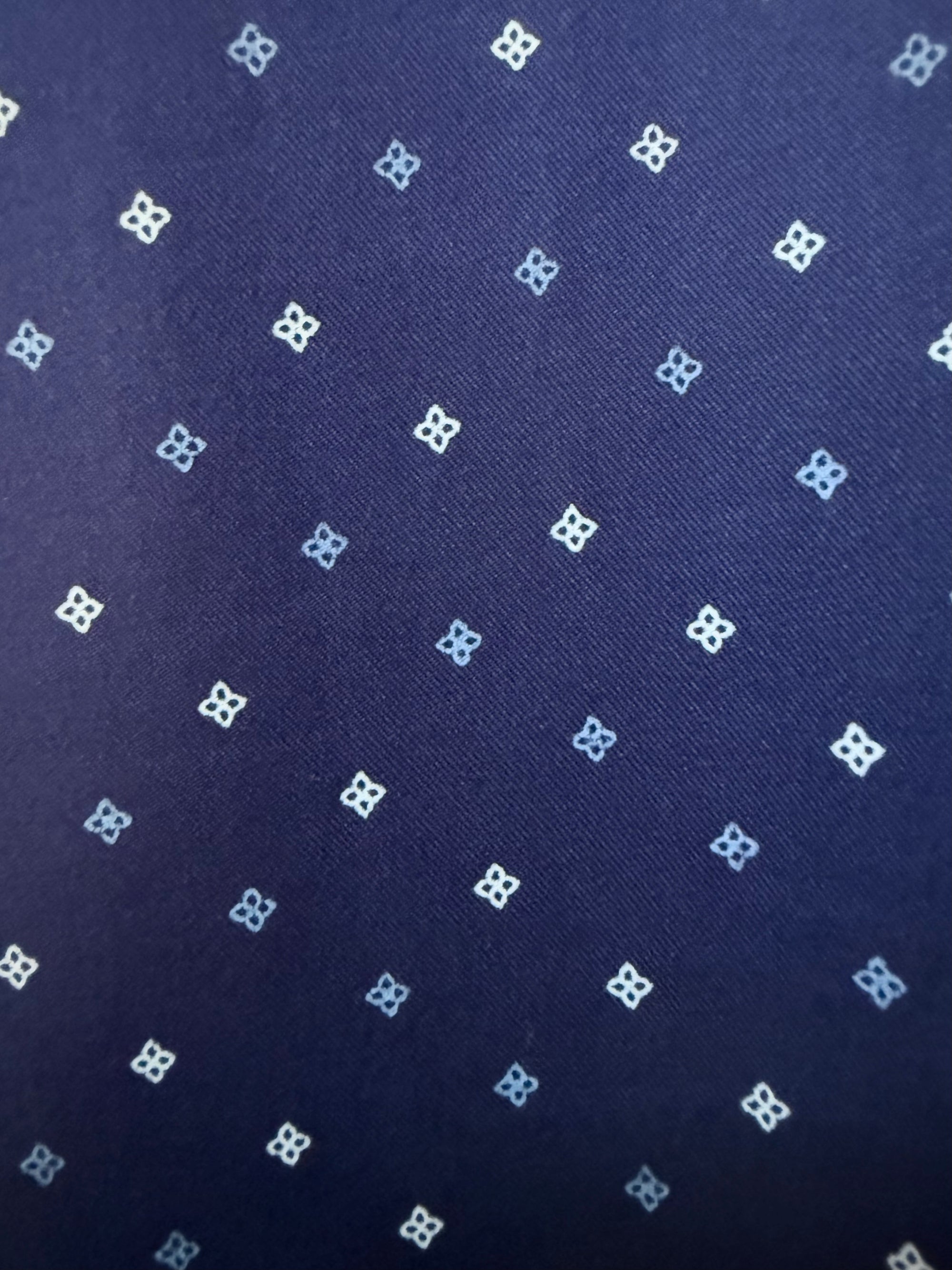 Navy four-petal print dress shirt for men open collar with built-in Million Dollar Collar stays.