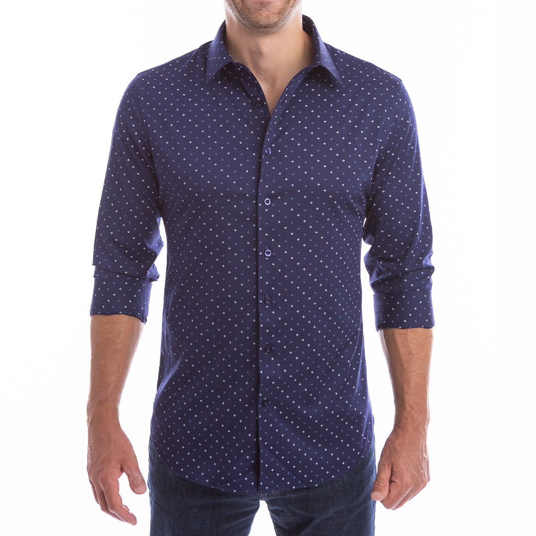 Navy dress shirt with subtle four-petal microprint designed to be worn without a tie.