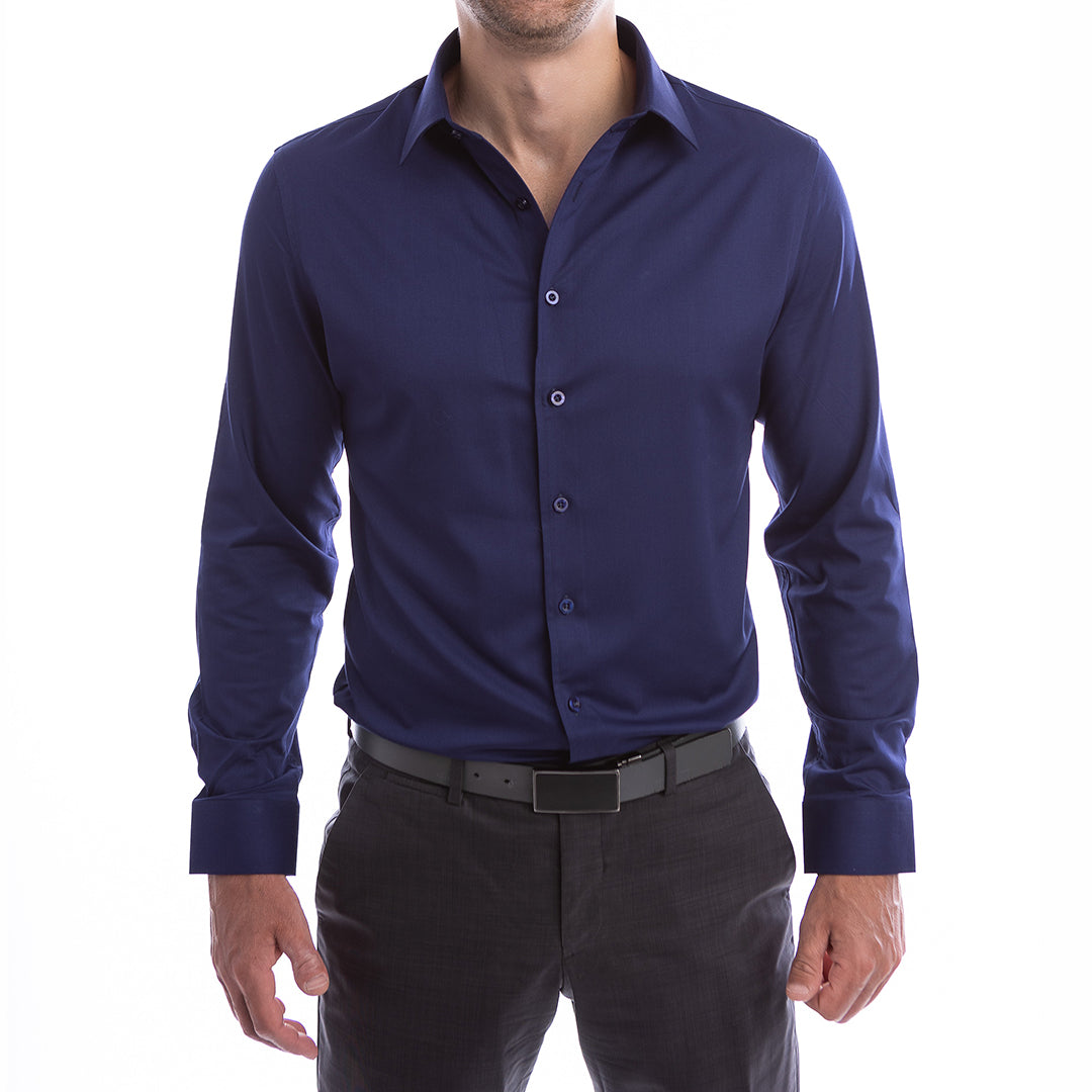 Navy shirt styled for date night sharp open collar with Million Dollar Collar support.