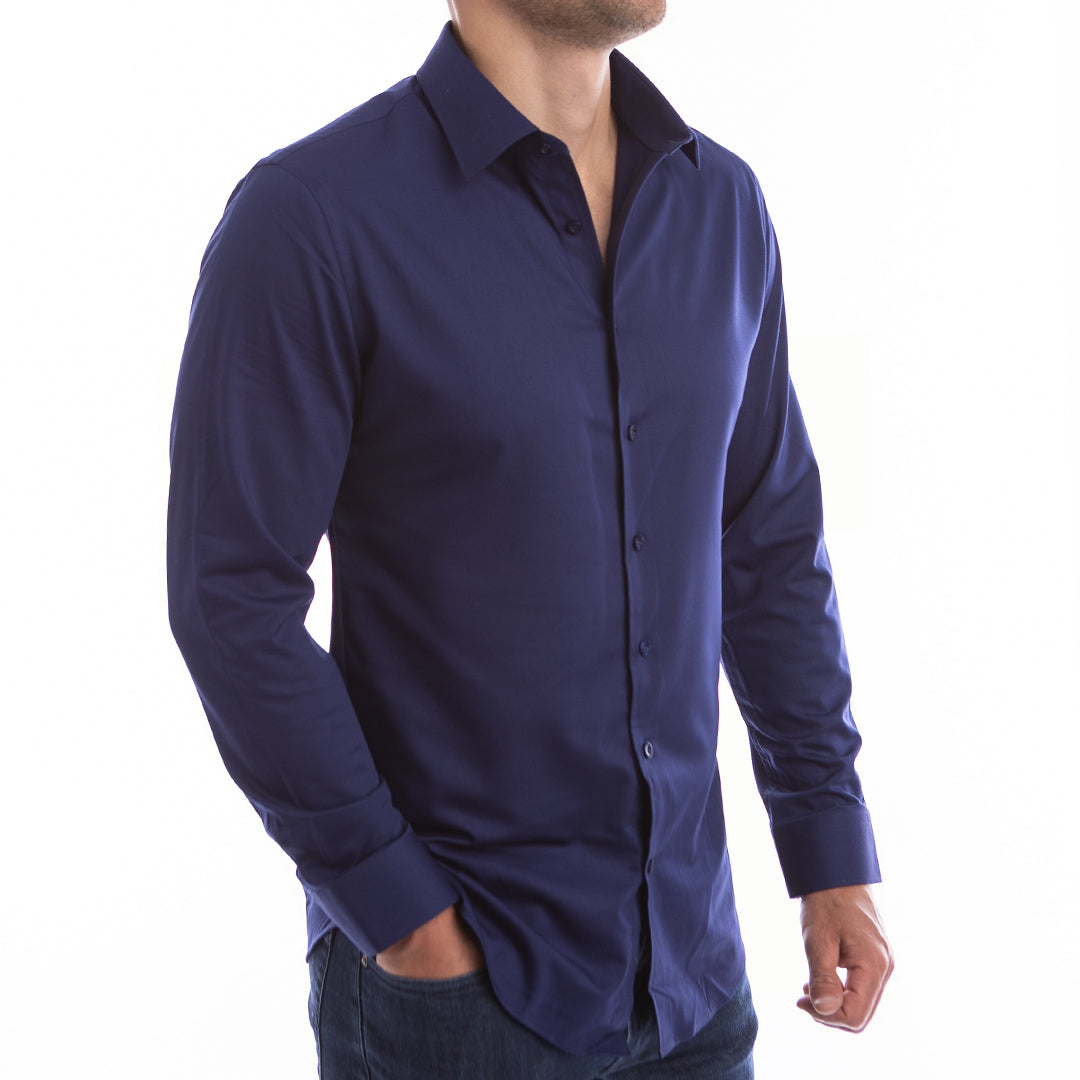 Comparison of goTIELESS navy shirt with structured open collar vs traditional floppy shirt.