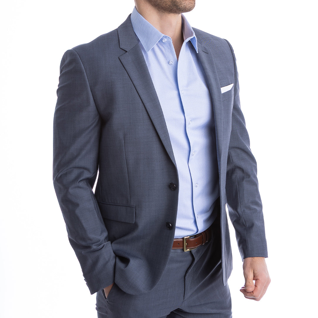 Dressy casual blue shirt that looks great without a tie sharp enough for meetings, cool enough for cocktails.